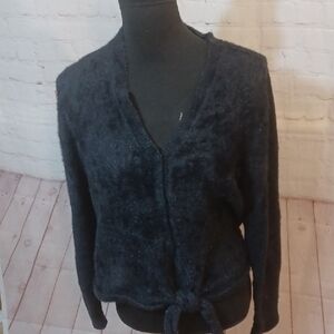 Olivia Sky Black Fuzzy  Cropped Tie Front Cardigan Black Soft Sweater L